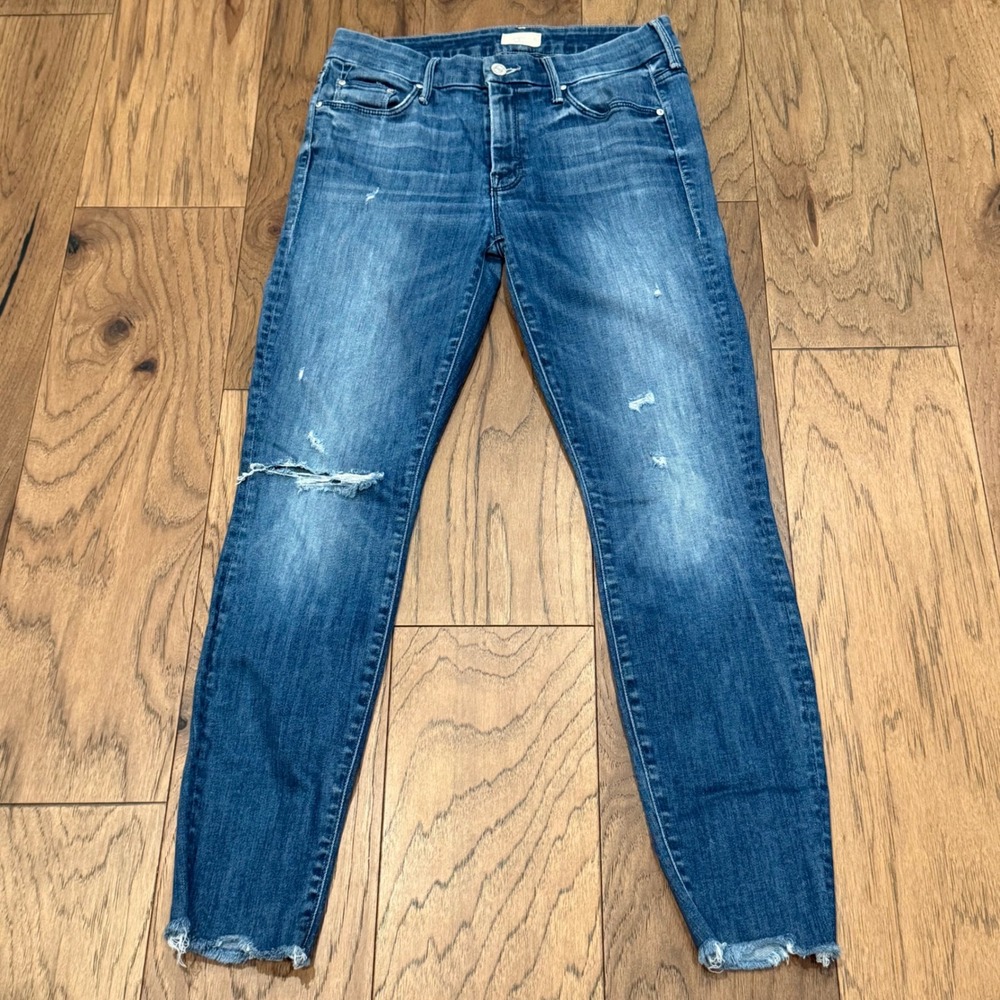 Mother Looker Ankle Chew Jeans Breaking The Law Distressed Skinny Blue 27